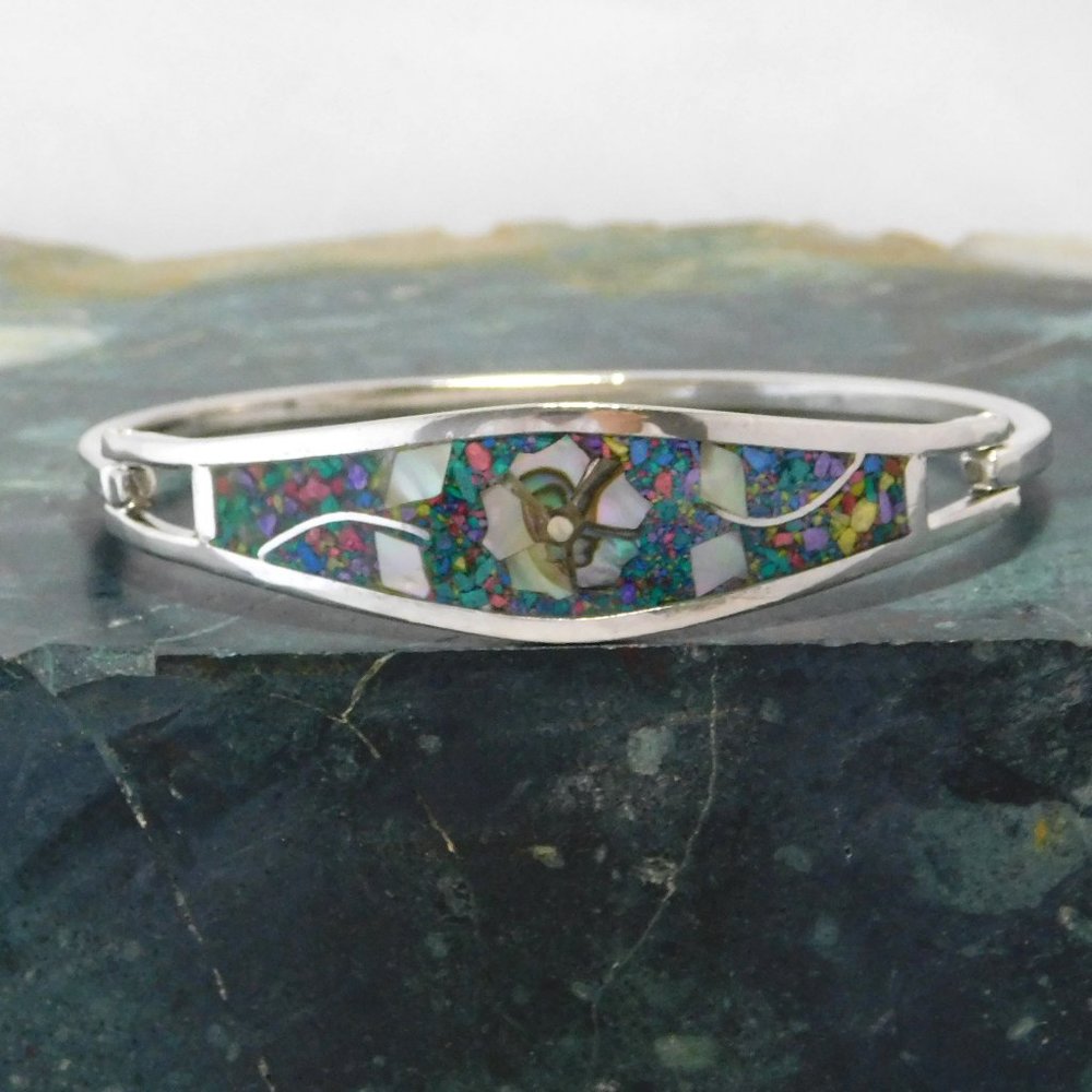 Mexican Bracelet Taxco Alpaca Silver Vintage Abalone Shell Crushed Stone